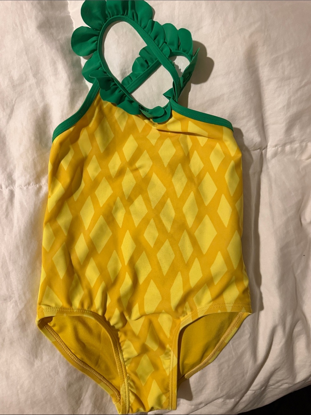 Girls Yellow Pineapple Print One-Piece Swimsuit with Green Ruffle Straps